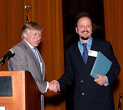 President Lee Bollinger presents the 2003 Pulitzer Prize for Fiction to Jeffrey Eugenides