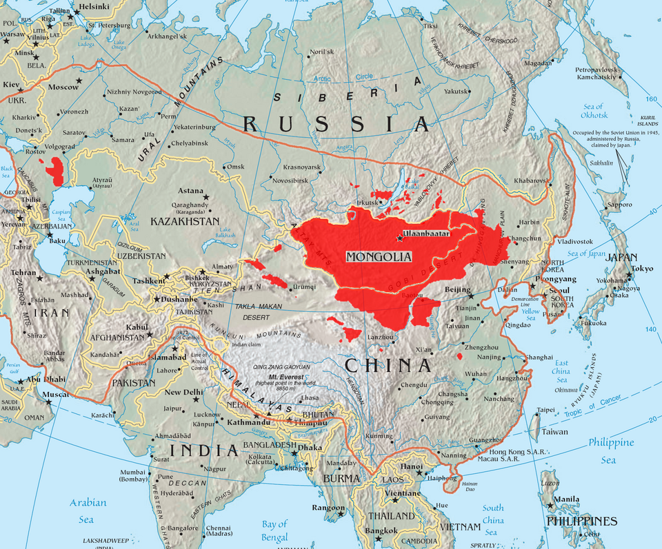 This map shows the boundary of the 13th-century Mongol Empire and location of today's Mongols in modern Mongolia, Russia, and China.