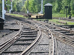Reconstructed mixed-gauge, 1,435 mm (4 ft 8+1⁄2 in) standard gauge and 7 ft 1⁄4 in (2,140 mm) track at Didcot Railway Museum, England
