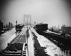 The Brooklyn Bridge during the Great Blizzard of 1888.