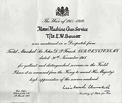 Formal notice of a soldier in the Motor Machine Gun Service mentioned in dispatches, by Field Marshal Sir John French for gallantry at the Battle of Neuve Chapelle, signed by Secretary of State for War Winston Churchill.