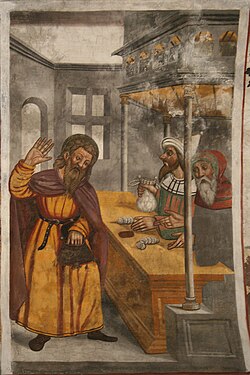 16th-century fresco painting of Judas being paid thirty pieces of silver for his betrayal of Jesus