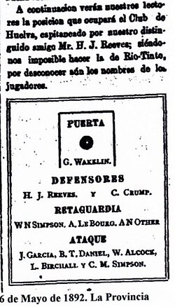 Huelva's line-up in a press release for a match between Recreativo and Riotinto on 6 May 1892.