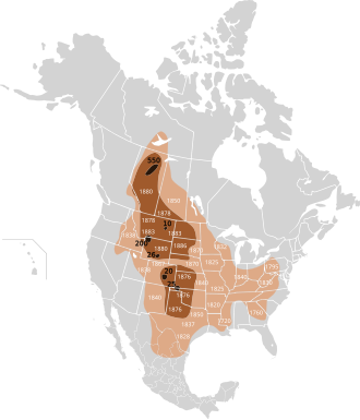 This map of the extermination of bison to 1889 is based on William Temple Hornaday's late-nineteenth-century research.