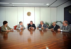 Brazilian President Luiz Inácio Lula da Silva and his Brazilian high-ranking officials convene an emergency meeting in Brasília, Brazil to discuss the 2010 Haiti earthquake.