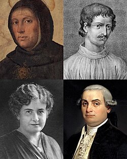 Clockwise from top left: Aquinas, theologian;[349] Bruno, cosmologist;[350] Beccaria, criminologist;[351] and Montessori, of Montessori education[352]