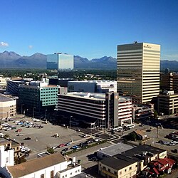 Downtown Anchorage from Hotel Captain Cook. The gold building on the right, the Conoco-Phillips Building, is the tallest building in Alaska.