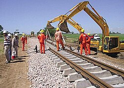 Railway workers laying track following re-nationalisation