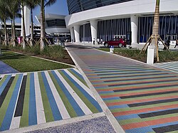 The colorful ballpark has artwork such as tiled walkways on the front plaza by kinetic-op artist Carlos Cruz-Diez