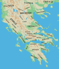 Map showing the major regions of mainland ancient Greece, and adjacent "barbarian" lands
