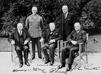 The prime ministers of the five members at the 1944 Commonwealth Prime Ministers' Conference: (L-R) Mackenzie King (Canada), Jan Smuts (South Africa), Winston Churchill (United Kingdom), Peter Fraser (New Zealand) and John Curtin (Australia)