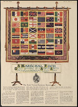 The banner of forty-eight Ally flags that has been presented to Foch in recognition of his services in 1919