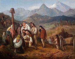 A Highlander's Funeral (1860) by Polish painter Aleksander Kotsis, depicting a Podhale Gorál funeral in the Tatra Mountains