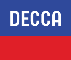 square logo in two colours (blue above red) with the word Decca centered in the blue field