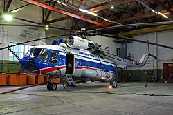 Mil Mi-8 helicopter operated by Spark+ in the hangar at Barentsburg