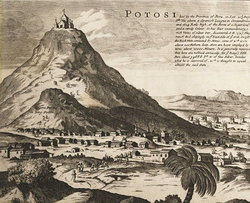 Cerro de Potosí, discovered in 1545, the rich, sole source of silver from Peru, worked by compulsory indigenous labor called mit'a.