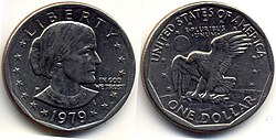 Susan B. Anthony dollar, with the obverse side showing Susan B. Anthony, the words "Liberty" and "In God We Trust", and the year 1979; the reverse side shows the words "one dollar", "United States of America", and "E Pluribus Unum", and retains the imagery of the Apollo 11 mission insignia, previously used on the Eisenhower dollar.