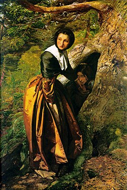 The Proscribed Royalist, 1651, painted by John Everett Millais c. 1853, in which a Puritan woman hides a fleeing Royalist proscript in the hollow of a tree