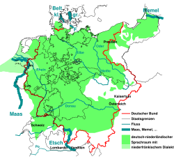 German linguistic area (green) and political boundaries around 1841 (grey) in comparison to the text's geographic references (bold blue)