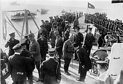 Kaiser Wilhelm II visiting the Turkish cruiser Yavuz Sultan Selim during his stay in Istanbul in October 1917 as a guest of Sultan Mehmed V