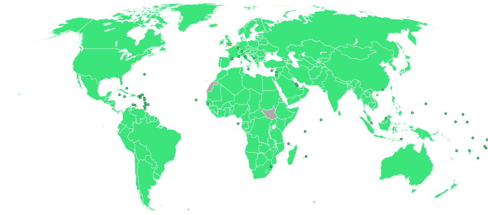 Participating countries:Green = Had previously participated; Grey = Participating for first time; Yellow circle is host city (London)