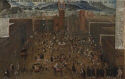 The "City of Kings" ,with the Cathedral of Lima under construction, and Plaza Mayor. Painting from 1680, Museo de América.