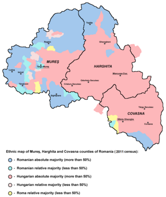 Ethnic map of Harghita, Covasna, and Mureș Counties based on the 2011 data, showing localities with Hungarian majority or plurality.