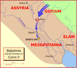 Map of the path of Cyrus the Great during his 539 BC invasion of Babylonia.