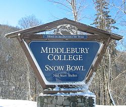 Entrance to the Middlebury College Snow Bowl, the college-owned ski mountain that hosts Winter Carnival ski races and "Feb" graduation