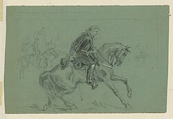 Prior to the Battle of Tom's Brook and the Woodstock Races, Gen. George Armstrong Custer rode in front of his cavalry and made a famous gesture of salute to Confederate enemy and West Point classmate, Maj Gen. Thomas L. Rosser, sketched by Alfred Wall