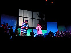 The band performed in silhouette during the Demon Days Live performances (pictured here with De La Soul on stage).