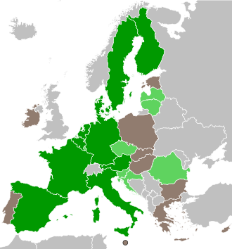 Greens–European Free Alliance has MEPs in 17 member states. Dark green indicates member states sending multiple MEPs, light green indicates member states sending a single MEP.