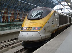 A Class 373 train at London St Pancras. The class 373 was built by Alstom in the early to mid-1990s for the Eurostar high-speed service from England to France and Belgium.