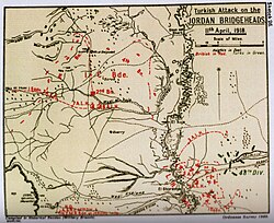 Falls map showing Ottoman attacks on the Jordan Bridgeheads, Auja and Mussallabeh
