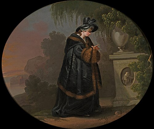 In Goethe's The Sorrows of Young Werther, the title character kills himself due to a love triangle involving Charlotte (pictured at his grave). Some admirers of the story were triggered into copycat suicide, known as the "Werther effect".