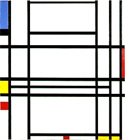 A 1939–1942 oil on canvas painting by Piet Mondrian titled Composition No. 10. Responding to it, fellow De Stijl artist Theo van Doesburg suggested a link between non-representational works of art and ideals of peace and spirituality.[34]