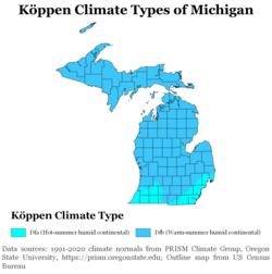 Köppen climate types of Michigan, using 1991–2020 climate normals
