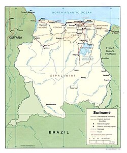 Map of Suriname with disputed territories in light green.