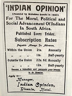 Advertisement of the Indian Opinion, a newspaper founded by Gandhi