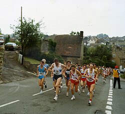 Athletes at the start of a 10-mile race in Gloucestershire in England, UK in 1990.