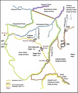 Map showing the major battles of Red Cloud's War, along with major treaty boundaries. During Red Cloud's War, the Sioux defeated the US Army on the same plains on which they previously defeated the Crow