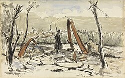 Ruins of the burnt bridge and a pontoon bridge; Ghoraniyeh WWI bridgehead; by James McBey (1918)