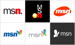 The MSN logo changed several times as the service evolved throughout its history (top row from left: 1995, 1996, 1998; and bottom row from left: 2000, 2009, 2014).