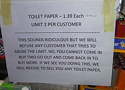 Sign warning customers not to circumvent limits on toilet paper purchases at an upstate New York convenience store