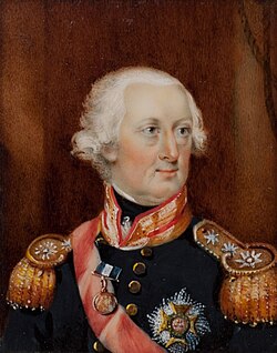 Sir Charles Knowles wearing a small gold medal for St. Vincent, where he commanded HMS Goliath.