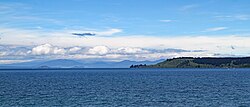 Lake Taupō, a volcanogenic lake in the caldera of Taupō supervolcano, New Zealand.