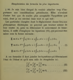Lorentz' theory of electrons. Formulas for the Lorentz force (I) and the Maxwell equations for the divergence of the electrical field E (II) and the magnetic field B (III), La théorie electromagnétique de Maxwell et son application aux corps mouvants, 1892, p. 451. V is the velocity of light.