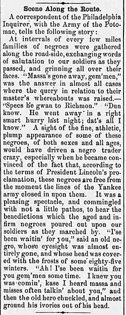 "Scene Along the Route" from a Philadelphia Inquirer correspondent (possibly U.H. Painter[95]) embedded with the Army of the Potomac, The Indiana Progress, June 1, 1864