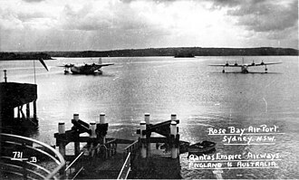 Qantas Empire Airways International Short Empire flying boat services arriving at Rose Bay, Sydney (c. 1939)