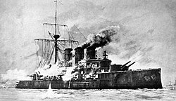 Illustration of Rurik firing her secondary and tertiary guns